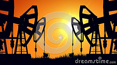 Silhouette pump jacks at sunset. Oil industry. Stock Photo