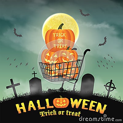 Silhouette pumpkin on shopping cart in graveyard Vector Illustration