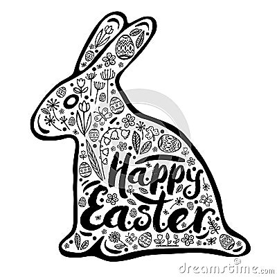 Silhouette of a rabbit with a congratulation for a happy Easter. Character set. Vector illustration, Design element Vector Illustration