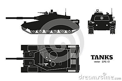 Silhouette of realistic tank blueprint. Armored car on white background. Top, side, front views War camouflage transport Vector Illustration