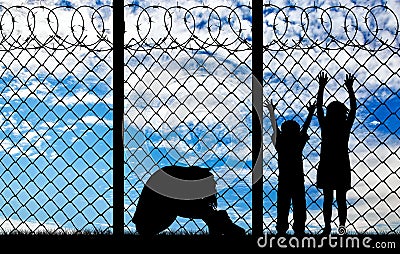 Silhouette refugee mothers and children Stock Photo