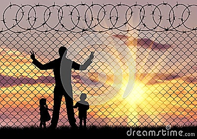 Silhouette refugees father and two children Stock Photo