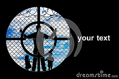 Silhouette refugees father and two hungry children Stock Photo