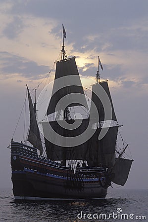Silhouette of a replica of Mayflower II, Plymouth, Massachusetts Stock Photo