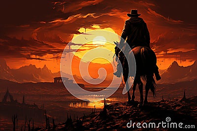 Silhouette rider, open plain, western sunset Stock Photo