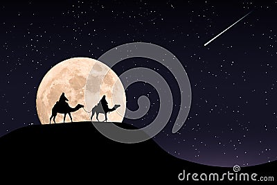 Silhouette of riders on their camels in the desert at night Stock Photo