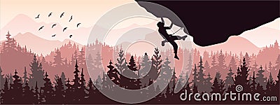 Silhouette of rock climber climbing overhang. Forest and mountains in the background, birds. Magical misty landscape, fog. Cartoon Illustration