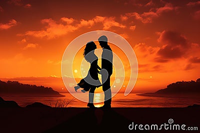 Silhouette of romantic couple holding hands on the beach at sunset, Silhouette of a young love couple holding hands against a Stock Photo