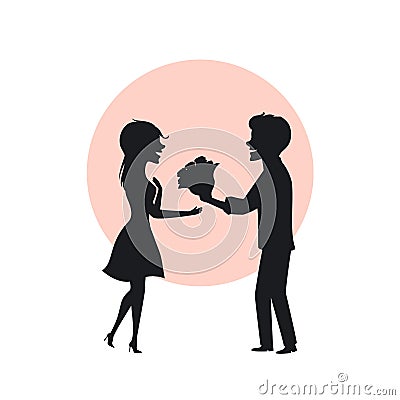 Silhouette of romantic couple in love on a first date, man surprises woman with flowers Vector Illustration