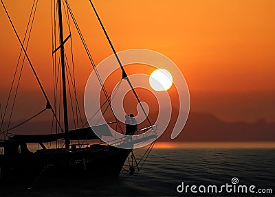 Silhouette romantic couple in love on the yacht Stock Photo