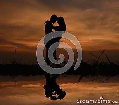 Silhouette romantic lover hug. Stock Photo