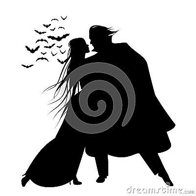 Silhouette of romantic and victorian couple dancing. Cloud of bats on the background. Vector Illustration