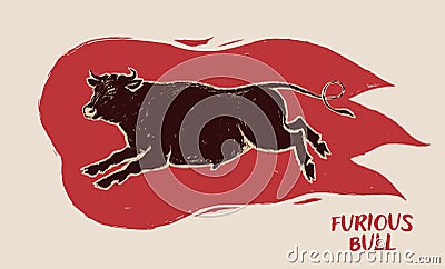 Silhouette of a running bull inside the silhouette of fire. Vector Illustration