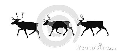 Silhouette of a running reindeer. Set of three deer. Vector Cartoon Illustration