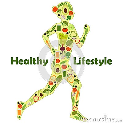 Silhouette of a running woman, filled with icons of vegetables. Healthy lifestyle illustration icon set for infographics. Cartoon Illustration