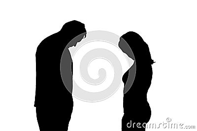 Silhouette of sad man and woman in a quarrel, isolated on a white bac Stock Photo