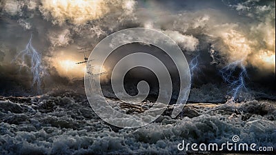 Silhouette of sailing old ship in stormy sea with lightning bolts and amazing waves and dramatic sky. Stock Photo