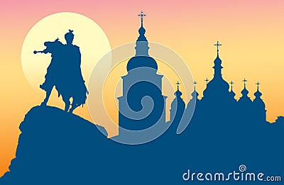 Saint Sophia Cathedral and monument to Bogdan Khme Vector Illustration