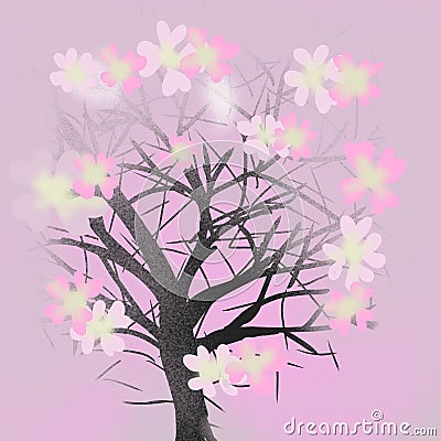 Silhouette sakura tree on pink background Cartoon Illustration