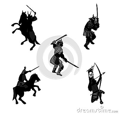 Silhouette samurai rider, archer, with a sword. Vector Illustration