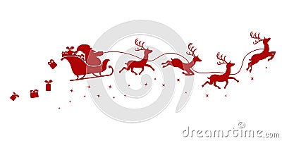 Silhouette of Santa on a sleigh flying with deer and throwing gifts on a white. Vector Illustration