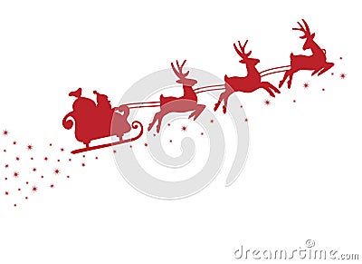 Silhouette of Santa on a sleigh flying with deer and throwing gifts on a white. Vector Illustration