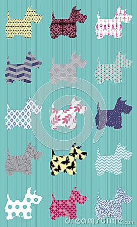 Silhouette scottie dogs with patterns repeat pattern Vector Illustration