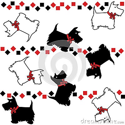 Silhouette scottie dogs with patterns repeat pattern Vector Illustration