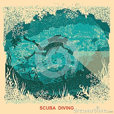 Silhouette of scuba driver swiiming deep underwater.Vintage sea Vector Illustration