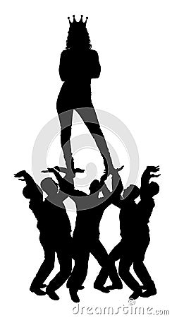 Silhouette of a selfish and narcissistic woman with a crown on her head standing on the hands of men Stock Photo