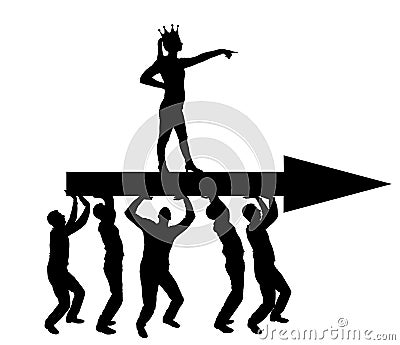 Silhouette of a selfish woman with a crown on her head indicates to the men who carry her, where to move Stock Photo