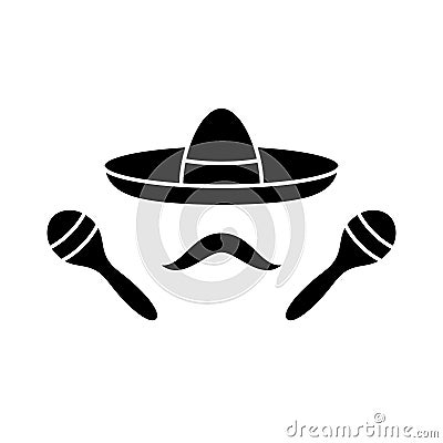 Silhouette set for mexican man. Sombrero, mustache, maracas. Outline separate icons of traditional attributes of fun, dance, music Vector Illustration