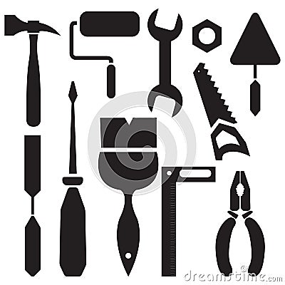 Silhouette set of tools hammer, pliers, a putty knife, saw, screwdriver. Vector Illustration