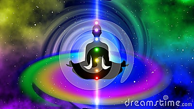 Silhouette of a seven chakra meditation person on a spiral background Stock Photo