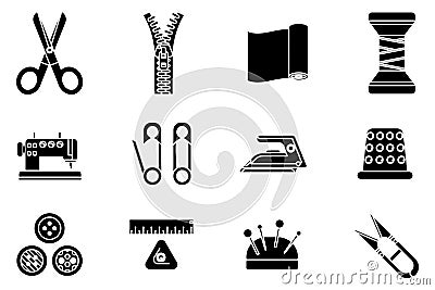 Silhouette sewing tools cloth tailoring craft sew fashion hobby flat design isolated isolated icons set vector Vector Illustration