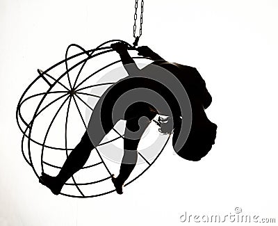 Silhouette of a woman on a metal swing, black and white Stock Photo