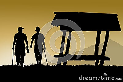 Man friends walk together near cabin Stock Photo