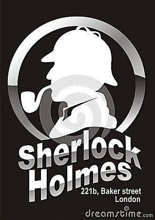 Silhouette of Sherlock Holmes in the form of a medallion on a black background. Cartoon Illustration