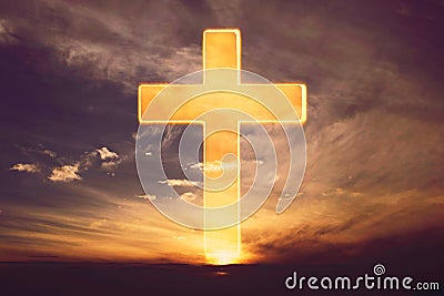 Silhouette of shining cross on sunset, sunrise background. Banner. Copy space. Easter, Ascension day concept. Church Stock Photo
