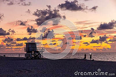 Silhouette shot of Lifeguard Tower in South Beach, Miami Florida Stock Photo