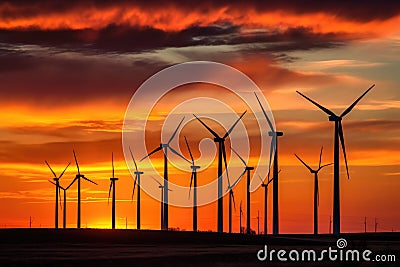 A silhouette shot of wind turbines against a colorful sunset sky. Generative AI Stock Photo