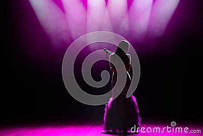 Silhouette of singer on stage. Dark background, smoke, spotlights. Stock Photo