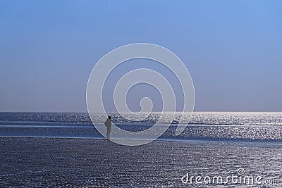 Silhouette of single human on the beach looking towards horizon Stock Photo