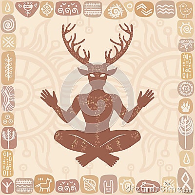 Silhouette of the sitting horned god Cernunnos. Mysticism, esoteric, paganism, occultism. Vector Illustration