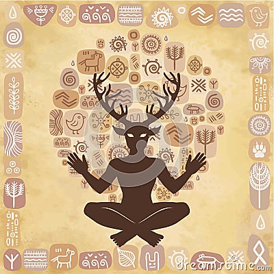 Silhouette of the sitting horned god Cernunnos. Mysticism, esoteric, paganism, occultism. Vector Illustration