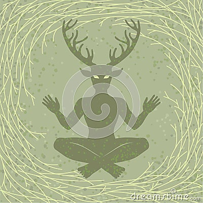 Silhouette of the sitting horned god Cernunnos. Mysticism, esoteric, paganism, occultism. Vector Illustration