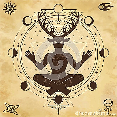 Silhouette of the sitting horned god Cernunnos. Vector Illustration