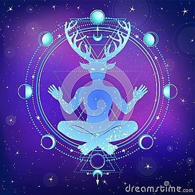 Silhouette of the sitting horned god Cernunnos. Vector Illustration