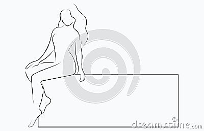 Silhouette of a slender girl with a frame for text. Linear outline of a woman with a board. Black and white drawing Vector Illustration