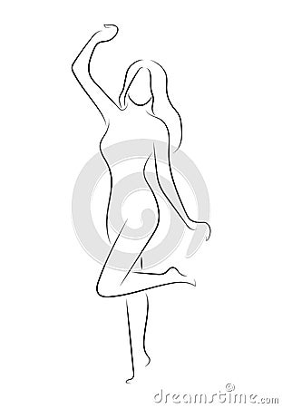 Silhouette of a slender girl with a frame for text. Linear outline of a woman with a board. Black and white drawing Vector Illustration